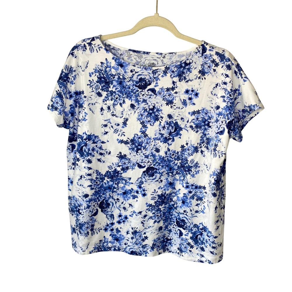 J.Jill Luxe Supima Cotton Modal Blue‎ White Floral Toile Short Sleeve Tee M